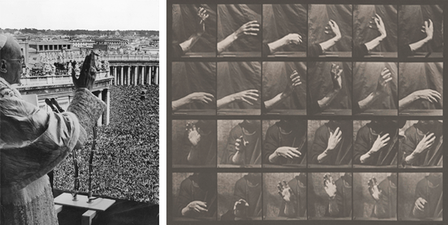 [left] Pope Pius XII blessing the crowd gathered in St. Peter's Square. Image: Fox Photos/Getty Images [right] Eadweard Muybridge, A hand rises and falls, 1887. Wellcome Collection, London
